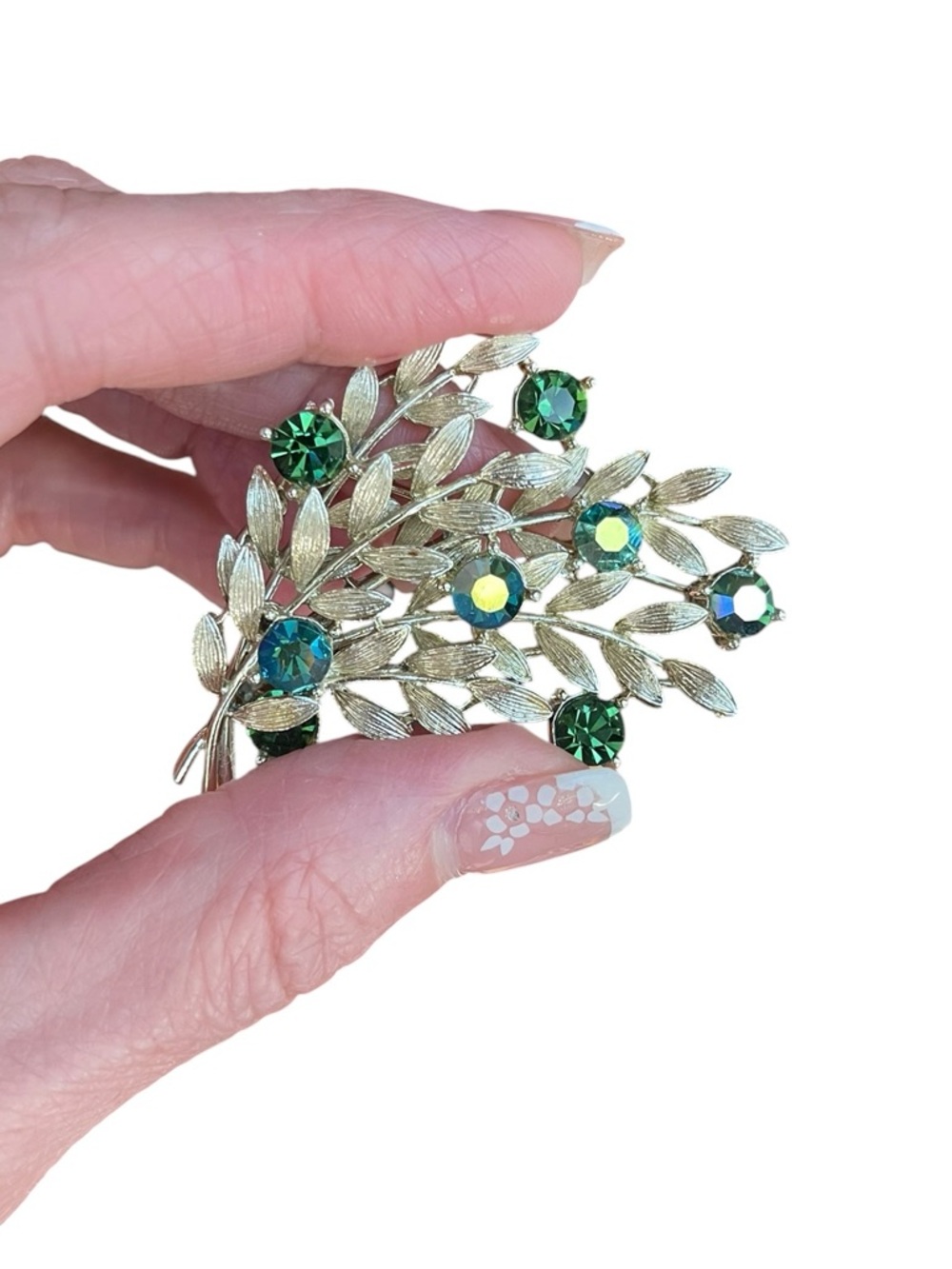 Vintage Lisner Green AB Crystal Leaf Brooch Gold Tone Rhinestone Cluster Pin